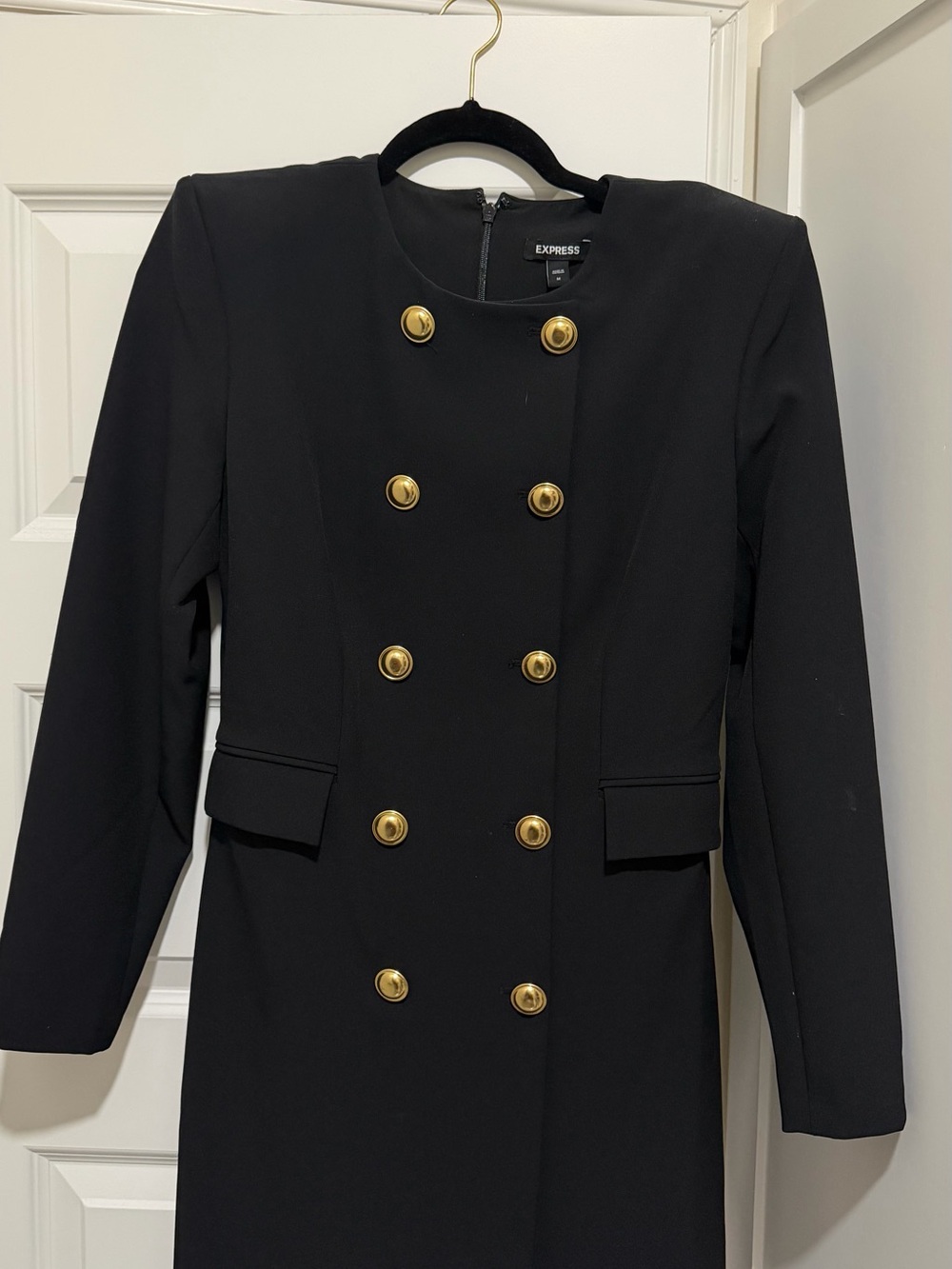 Express Black Double-Breasted Pea Coat with Gold Buttons